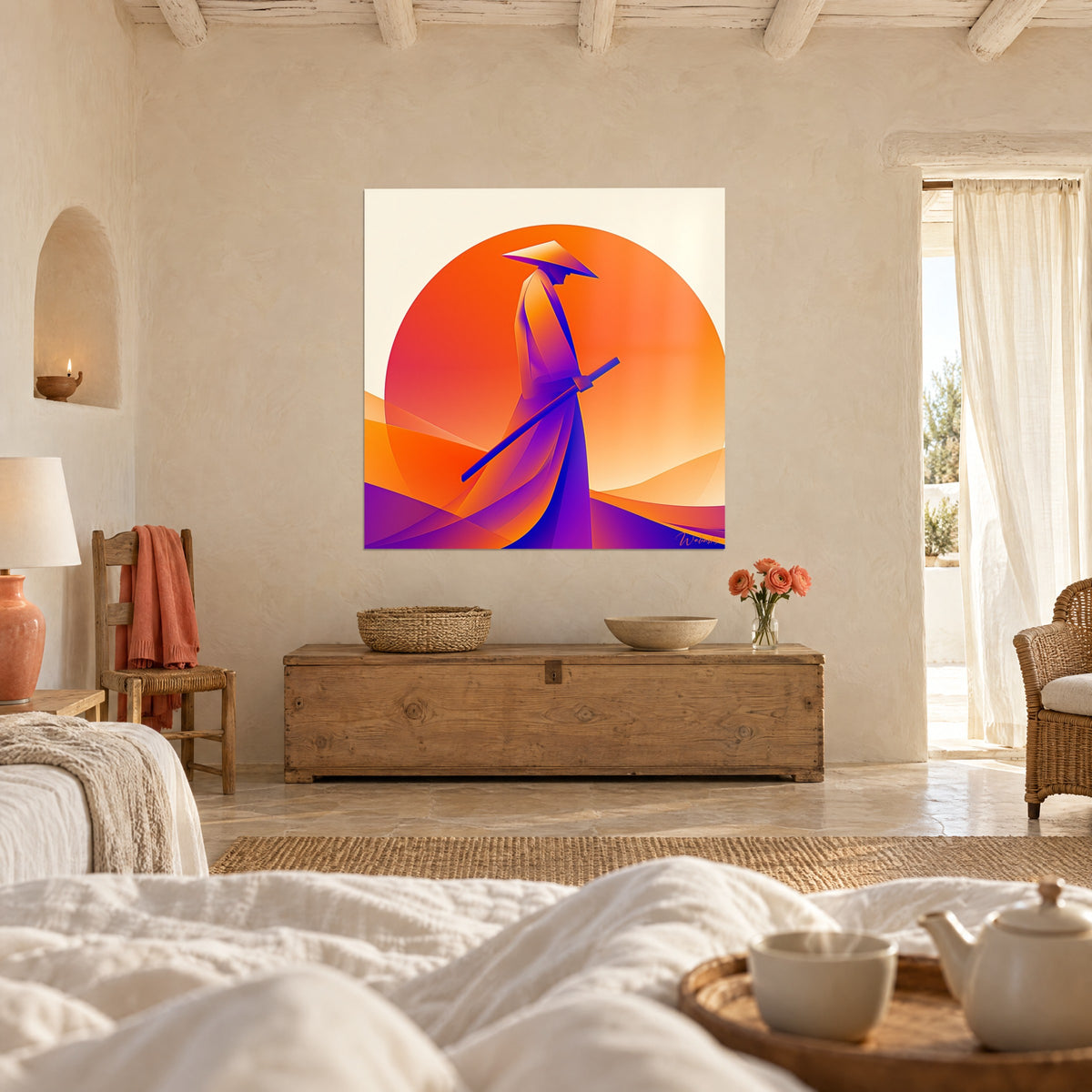 Tableau marcheur au chapeau de paille pointu, robe violette et soleil orange vif, accroché au-dessus d'un lit dans une chambre claire