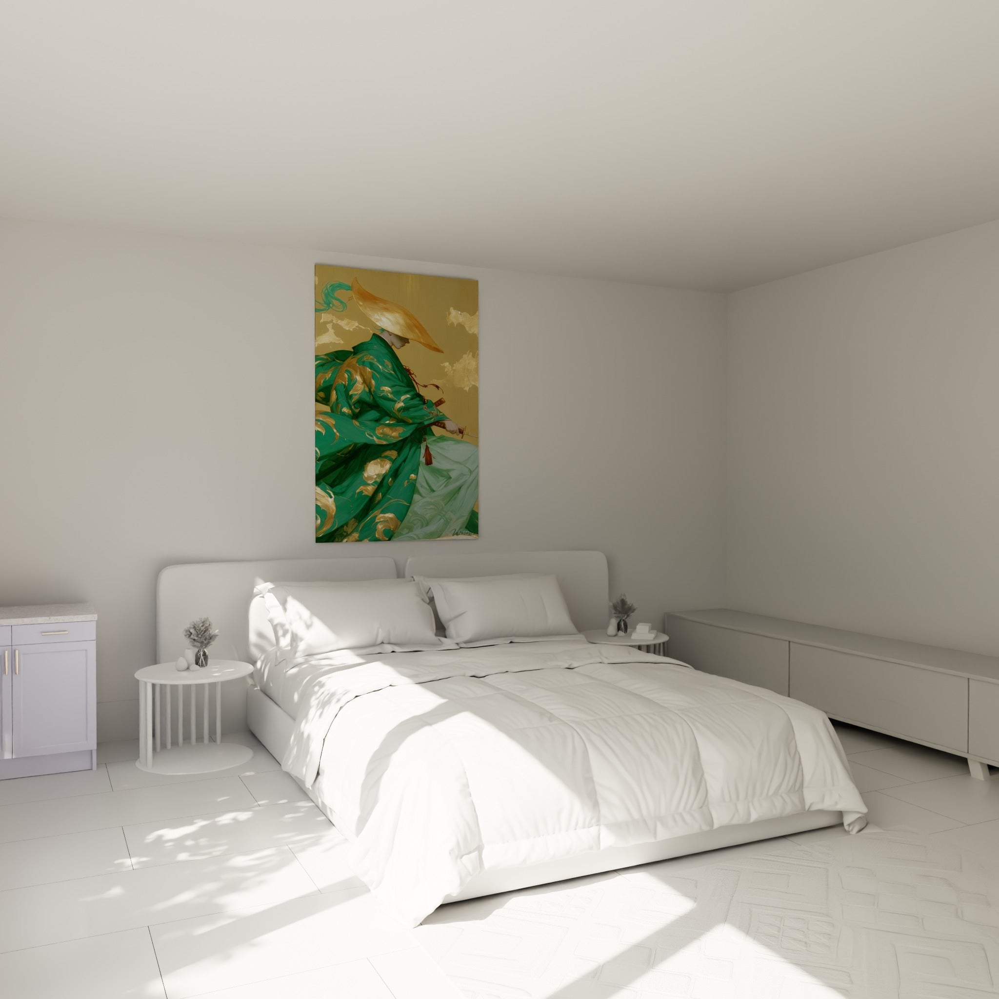 Guerrier drapé de vert et d'or, geste posé sur son sabre, au-dessus d'un lit dans une chambre claire