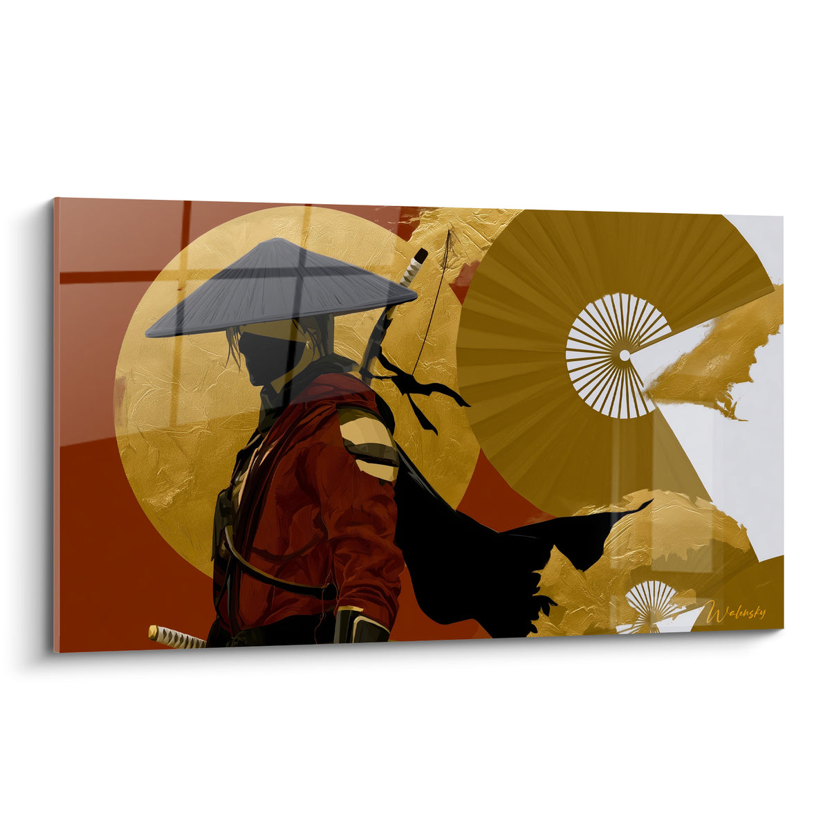 Samouraï en marche, chapeau conique gris, fond doré et rouge terracotta, style graphique