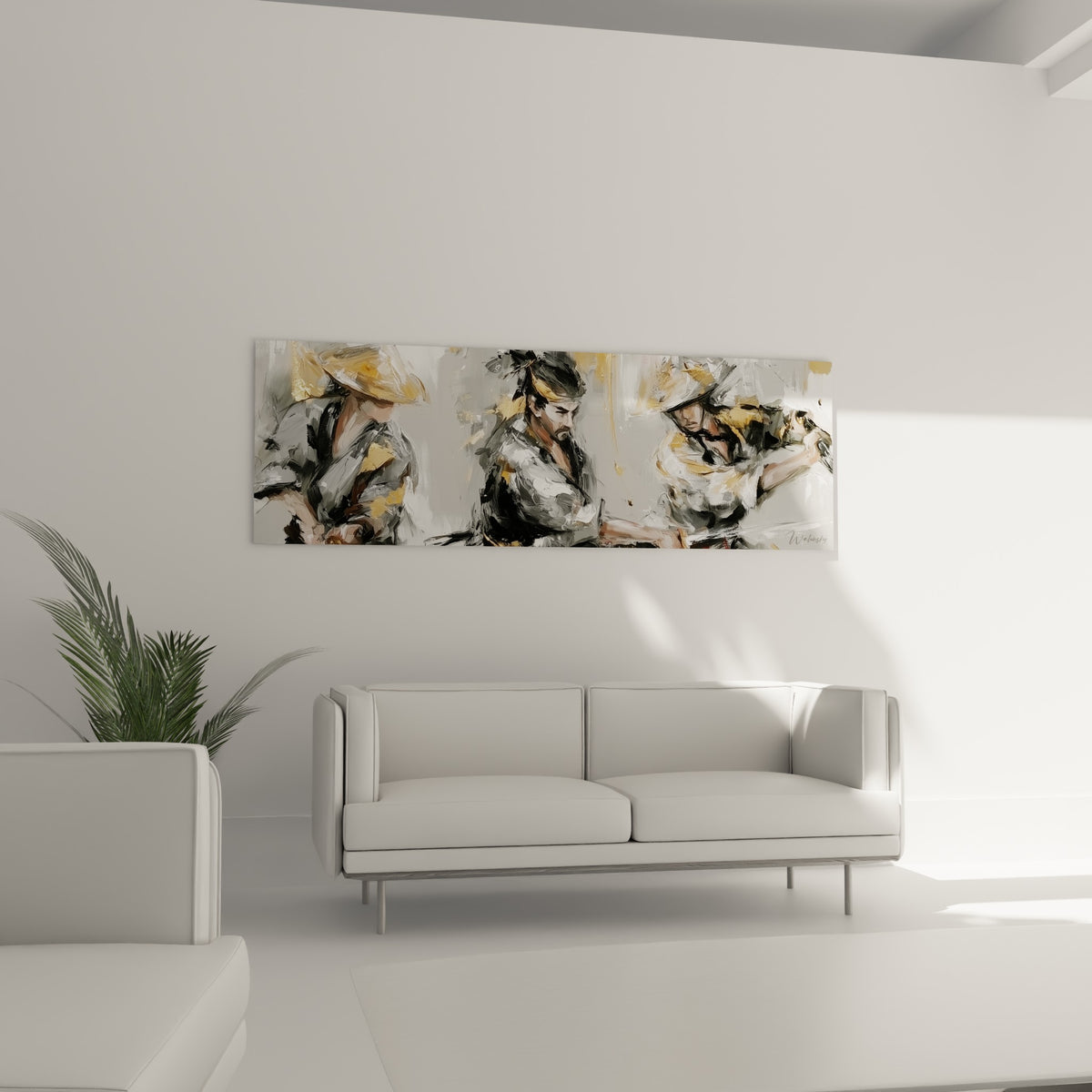 Samouraïs au sabre dans une palette grise et dorée, accrochés au-dessus d'un canapé dans un salon lumineux