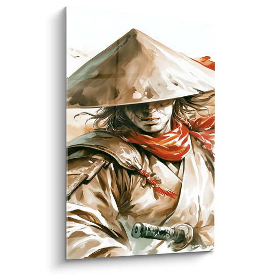 Tableau Guerrier chapeau conique beige et rouge à l'écharpe nouée - Cheveux au vent - Edition Samouraï