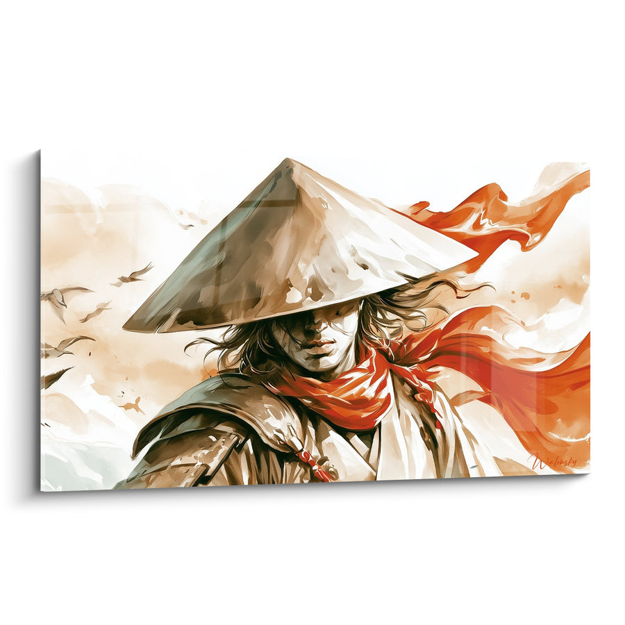 Tableau Guerrier chapeau conique beige et roux à l'écharpe rouge - Oiseaux en vol lointain - Edition Samouraï