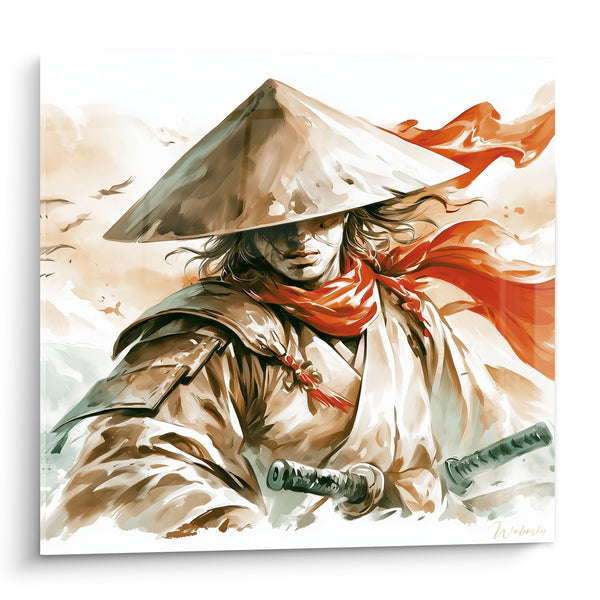 Krieger Gemälde mit kegelförmigem Hut in Beige und Rot mit flatterndem Schal - Vögel am Himmel - Samurai Edition
