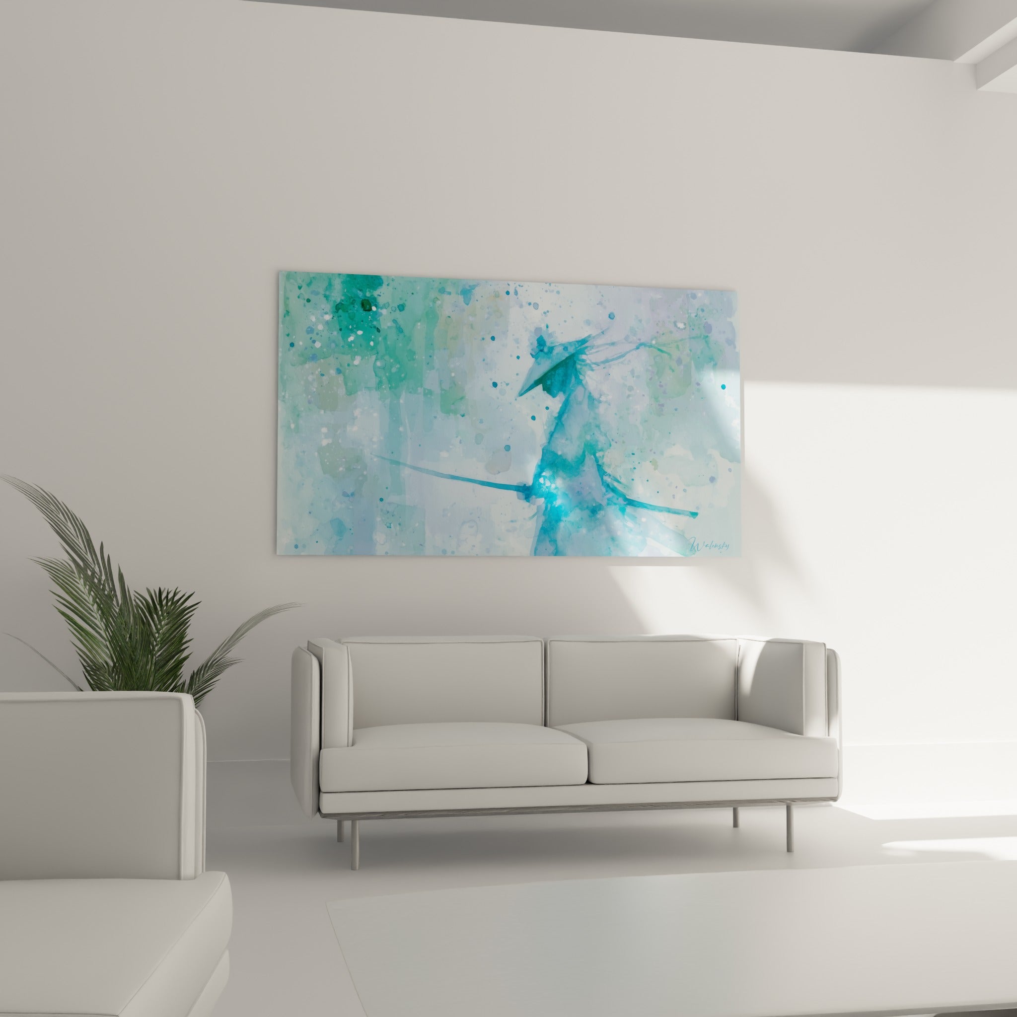 Silhouette de samouraï anthracite et bleu marine, chapeau conique, au-dessus d'un canapé dans un salon lumineux