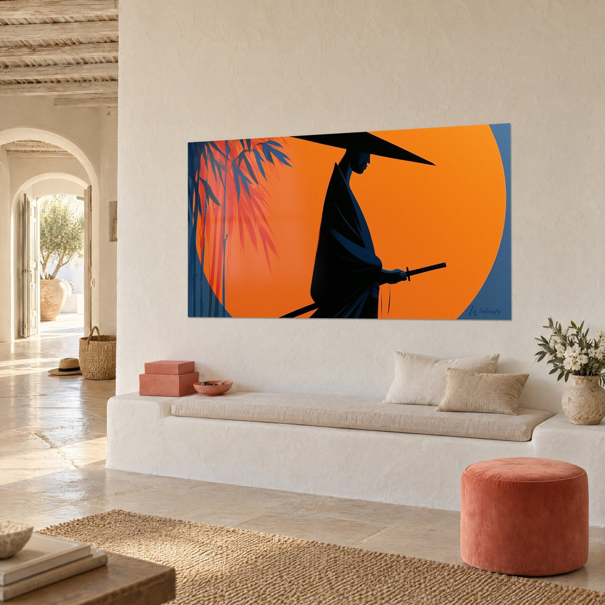 Wall art black-draped warrior holding his sword before an orange sun, red and blue leaves, white wall of a Mediterranean house