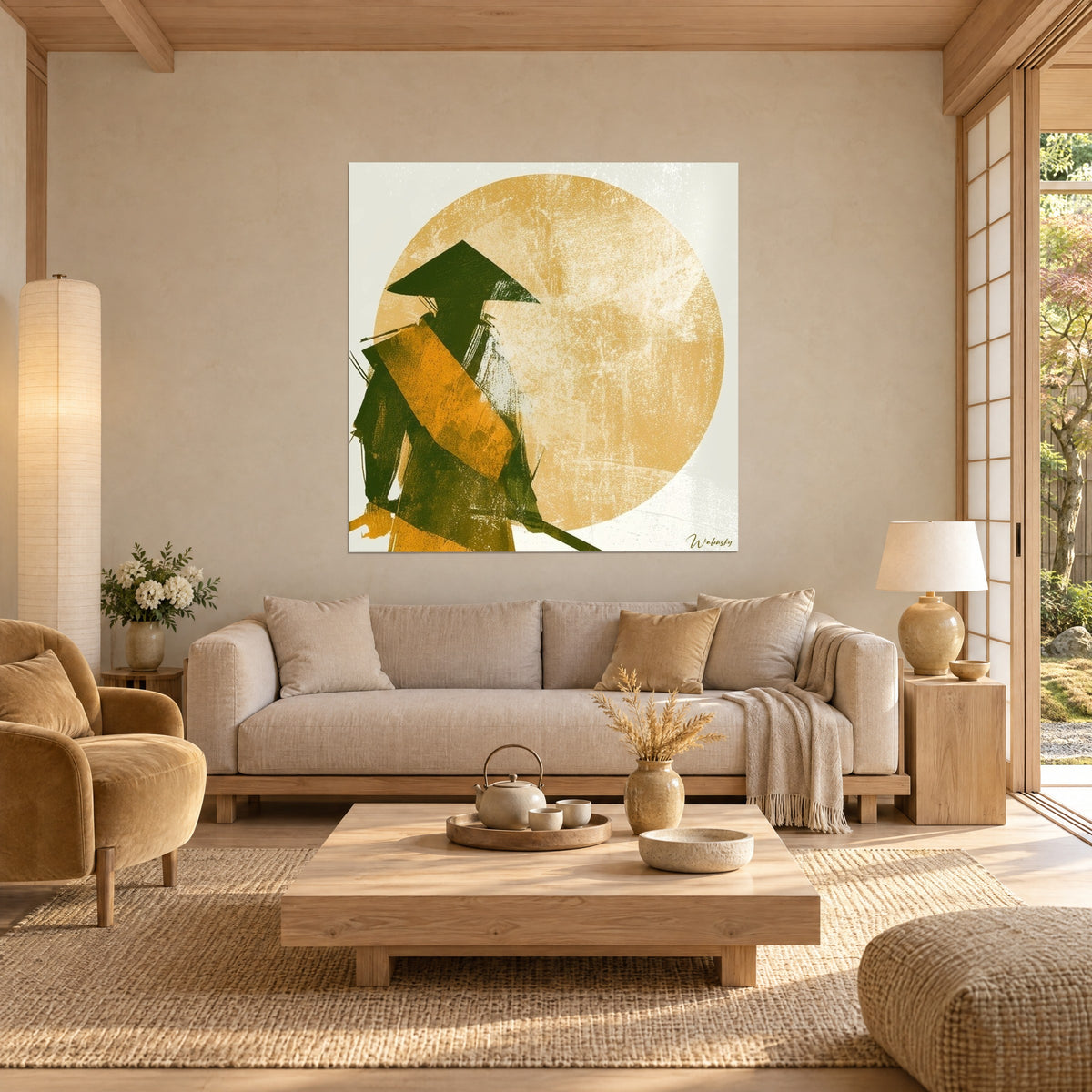 Tableau samouraï au chapeau conique, kimono ocre et vert sombre devant un disque doré, au-dessus d'un canapé dans un salon lumineux