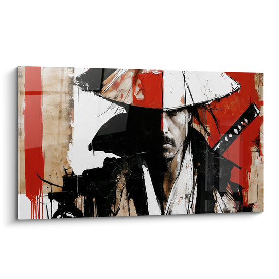Samouraï au chapeau conique blanc et rouge, regard perçant, peinture texturée noire et écarlate