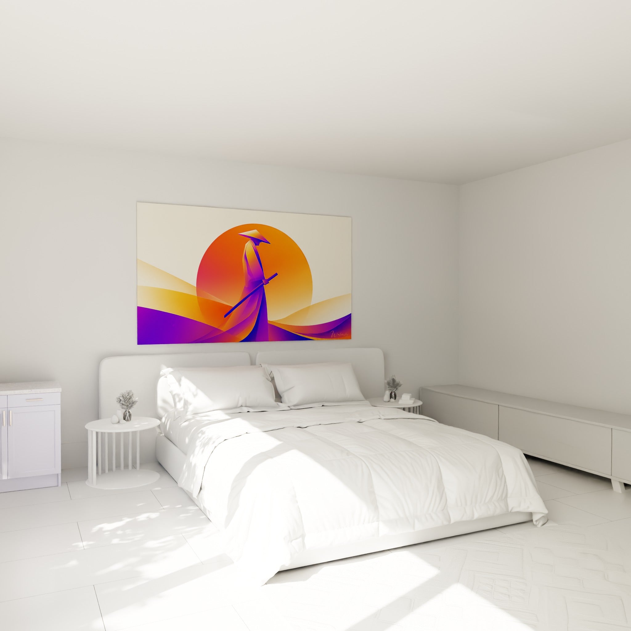 Guerrier violet et disque orange composant ce tableau Samouraï, accroché au-dessus d'un lit dans une chambre claire.