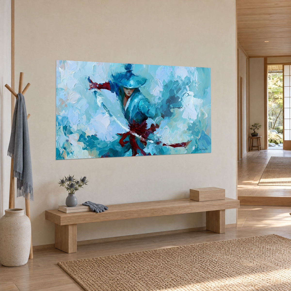 Wall art warrior with a sword in a teal blue kimono, dark red sash, thick white impasto, hung on a beige Japandi hallway wall