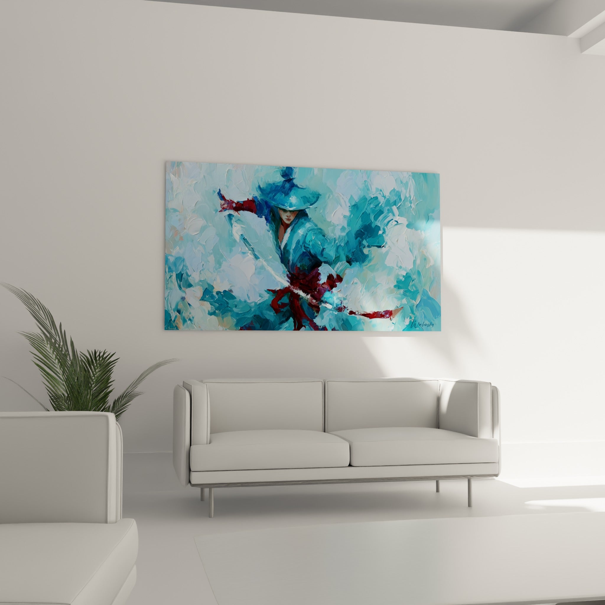 Guerrier samouraï au chapeau conique turquoise et lame blanche, au-dessus d'un canapé dans un salon lumineux