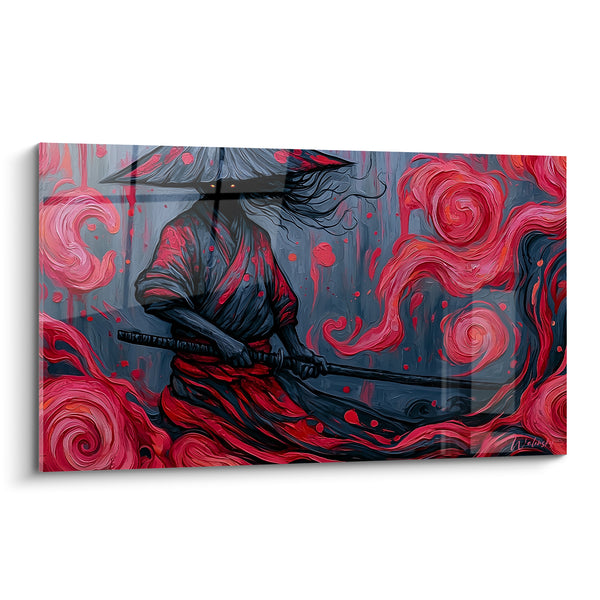 Tableau Guerrier gris et rouge aux tourbillons enveloppants - Cheveux flottant au vent - Edition Samouraï