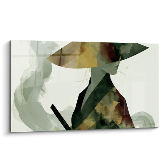Samouraï au chapeau doré et vert profond, silhouette tenant un katano noir sur fond crème