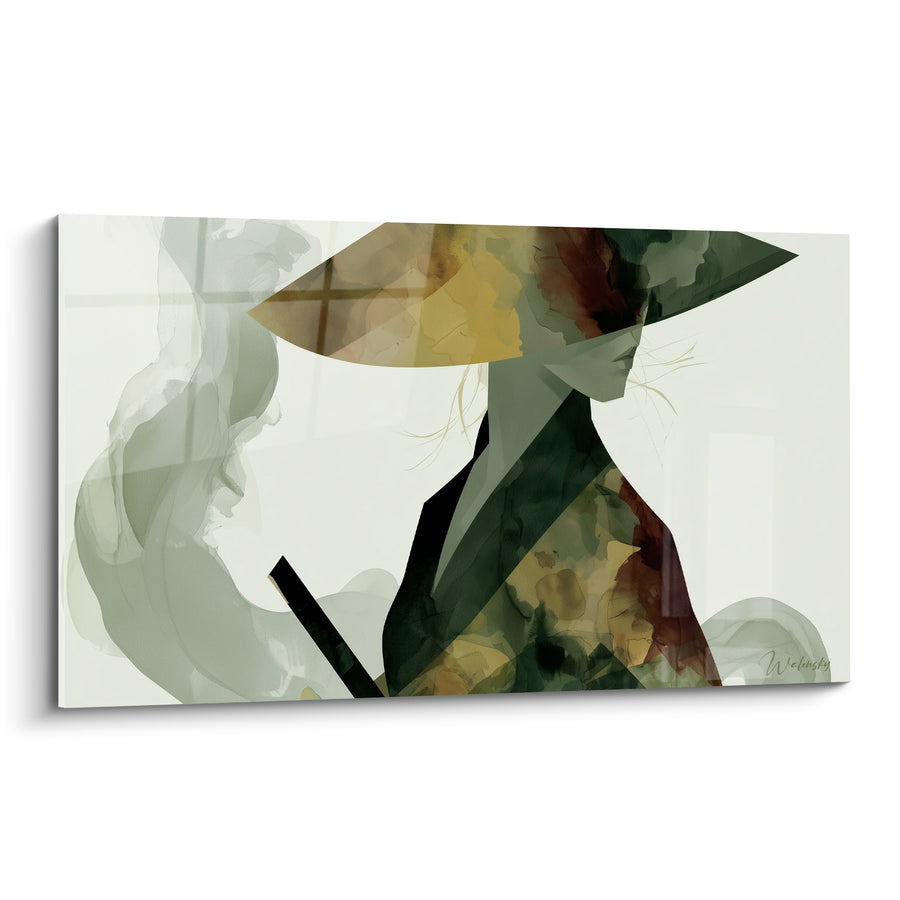 Tableau Guerrier chapeau conique vert et ocre au fourreau noir - Volute grise en arrière-plan - Edition Samouraï