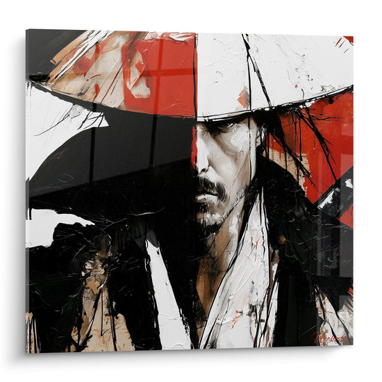 Samouraï au chapeau conique noir et rouge, visage baissé, peinture texturée intense