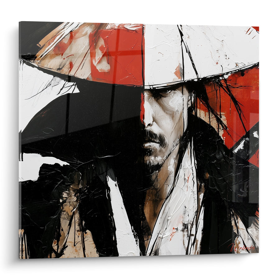 Tableau Guerrier au chapeau conique noir et rouge - Instant avant le duel - Edition Samouraï