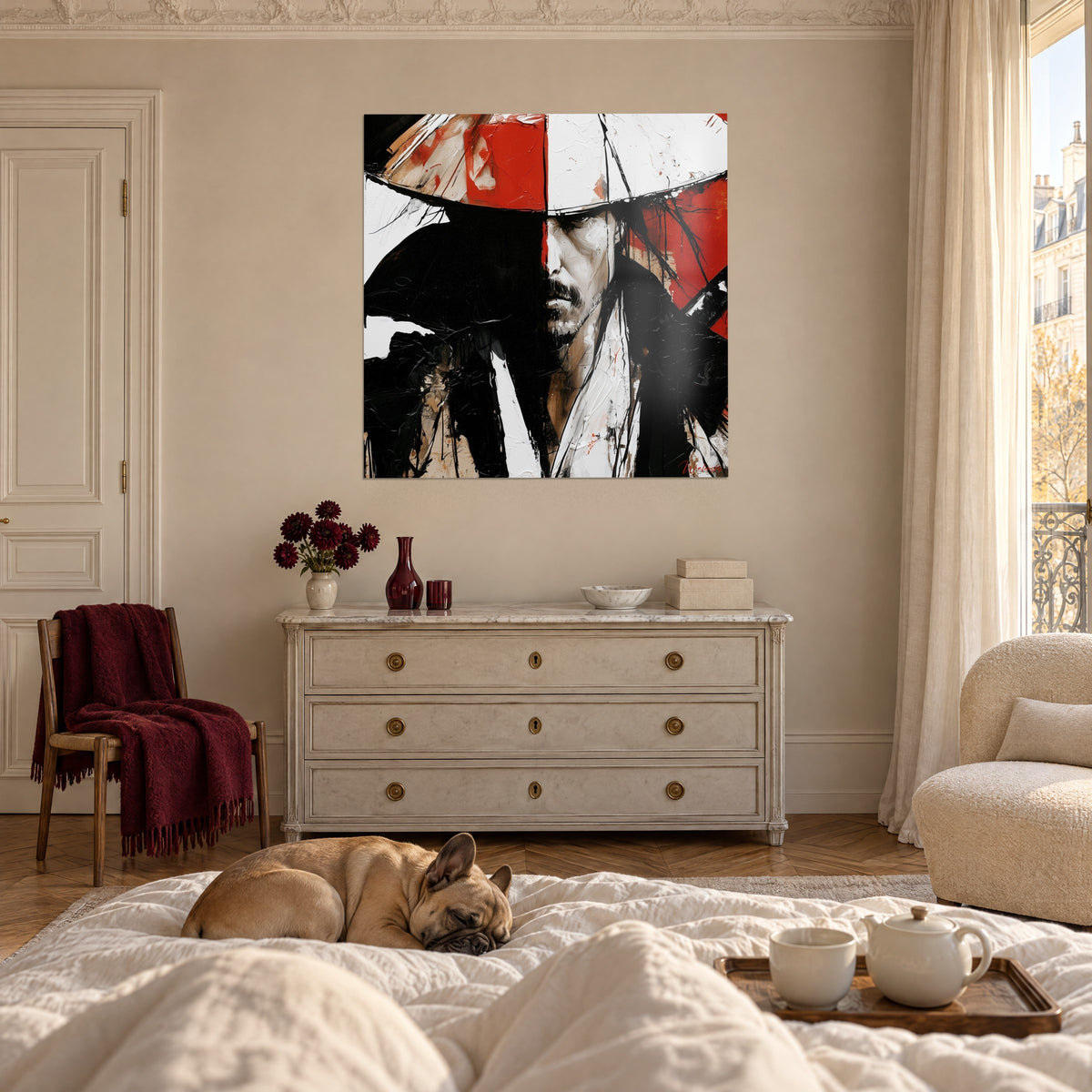 Wall art of a mustached swordsman under a red and white straw hat, dense black, above a bed in a bright bedroom