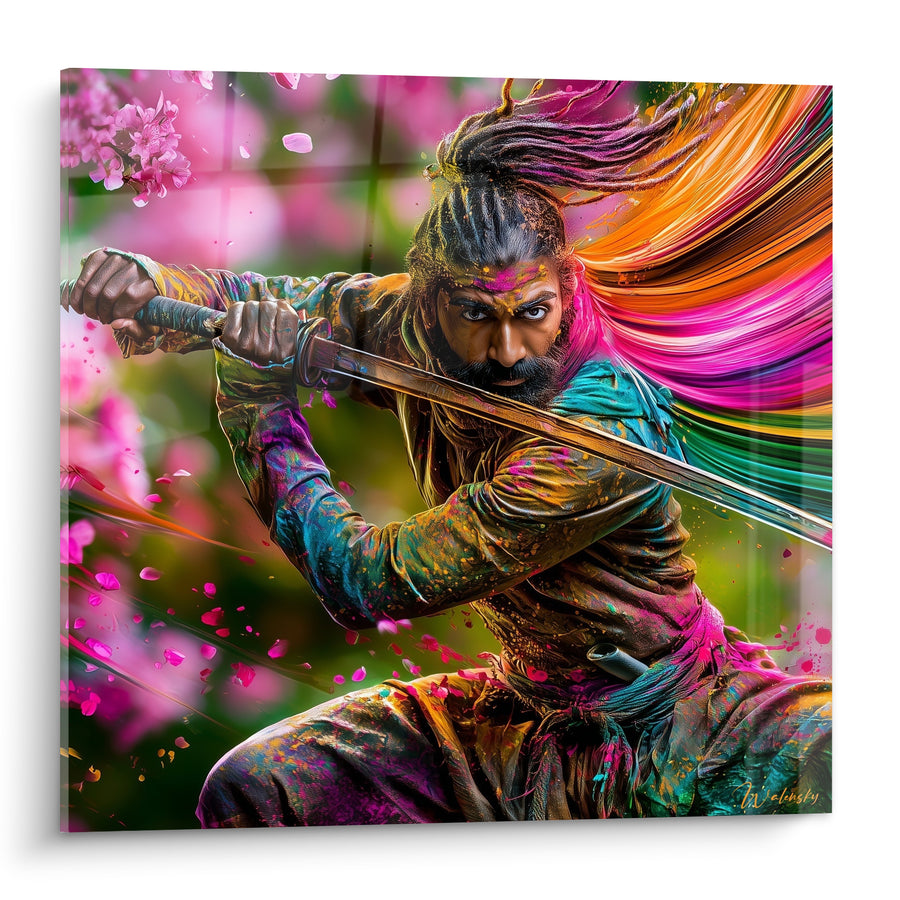 Tableau Samouraï dégainant lame rose et turquoise - Éclat du dégainage - Edition Samouraï