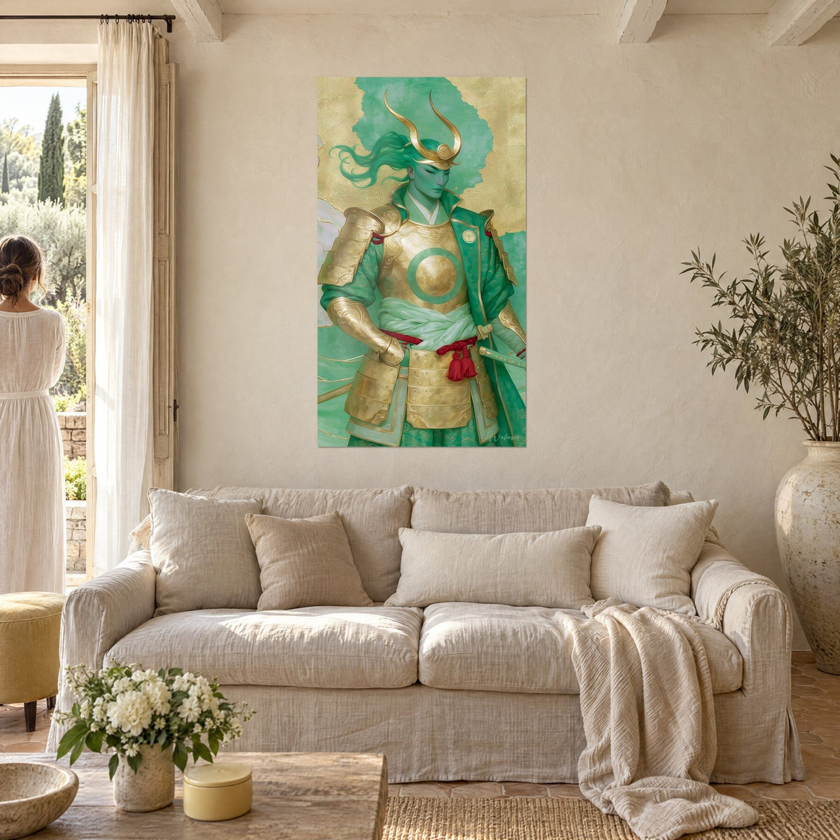 Wall art samurai with golden horns and green hair, gold armor, on a cream wall above a sofa in a bright living room