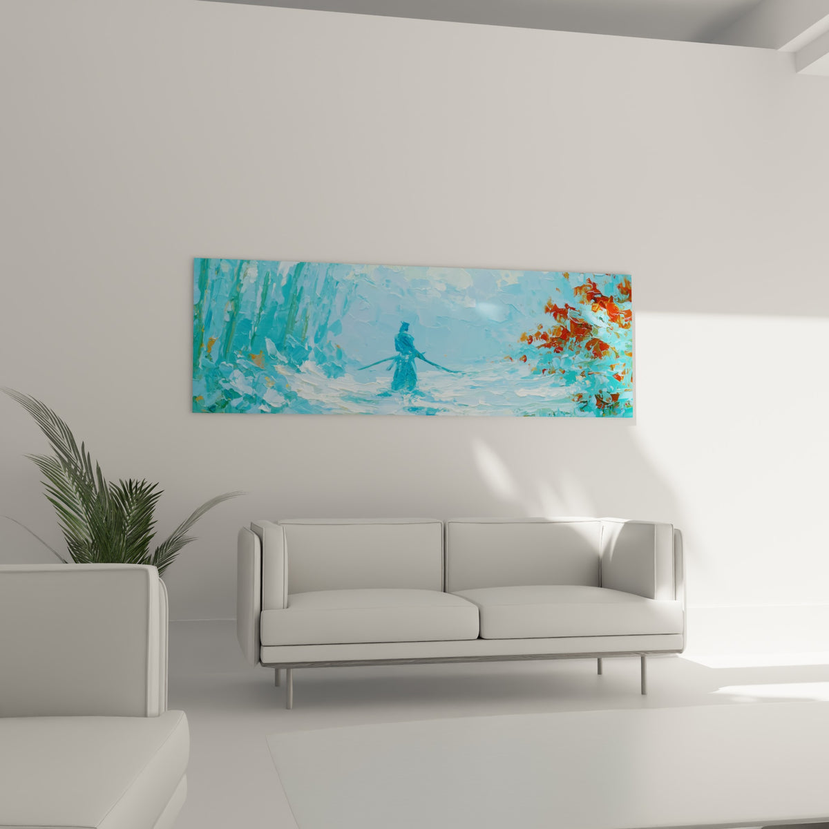 Silhouette de samouraï bleu pastel dans une clairière enneigée, au-dessus d'un canapé dans un salon lumineux