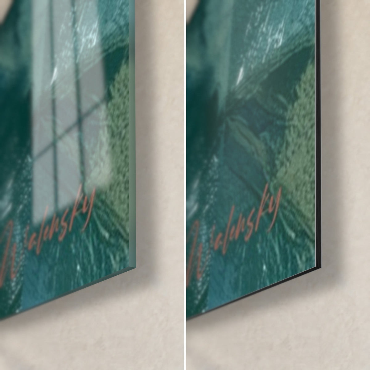 Wall art abstract warrior in red and petrol blue, bottom right corner in glossy acrylic glass on the left, matte Dibond aluminum on the right, 3 mm edge