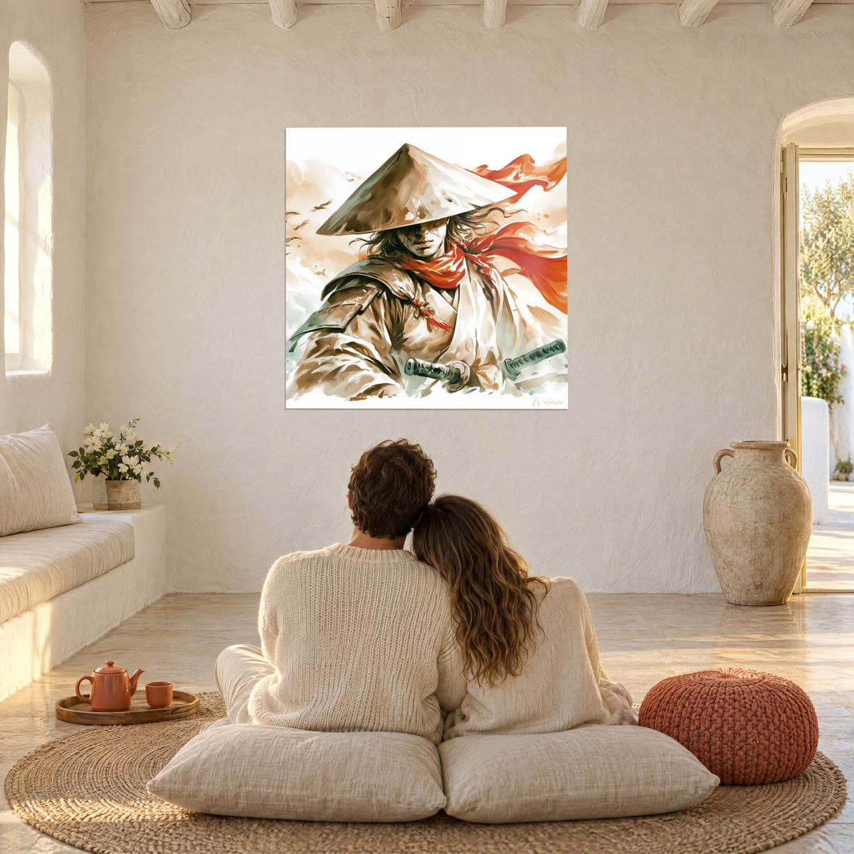 Wall art of a swordsman whose face is hidden by his hat, red scarf fluttering against a beige and white background, facing a couple seated on the floor
