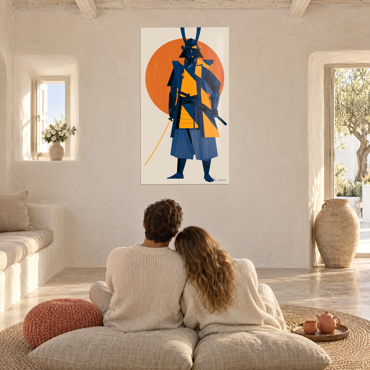 Tableau samouraï à fourreau doré sur fond beige, disque orange, couple enlacé de dos sur des coussins dans un salon méditerranéen