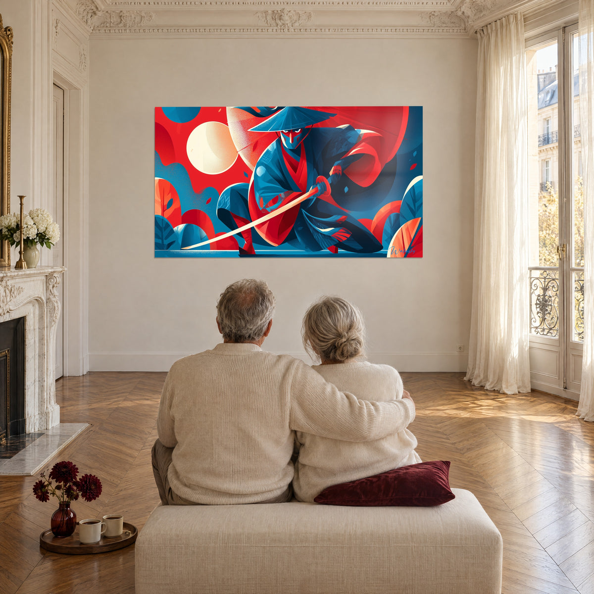 Tableau guerrier japonais en affiche graphique, lune blanche, tons bleu nuit et rouge sang, couple de dos assis face au mur du salon