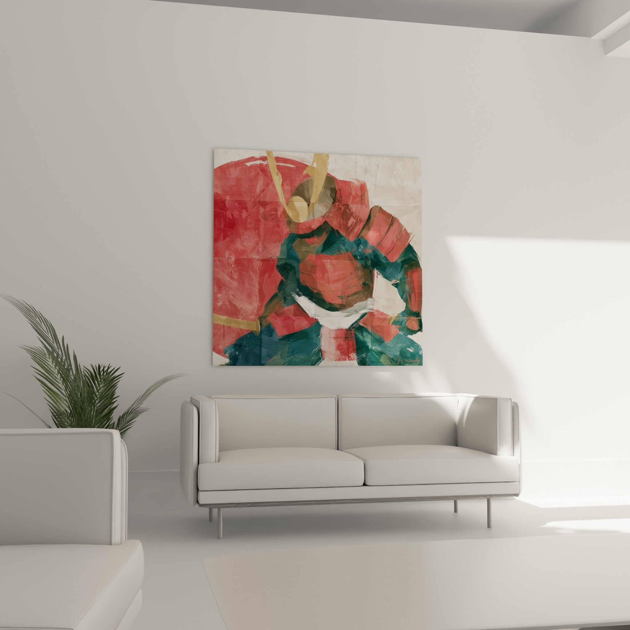 Armure de Samouraï rouge vermillon et dorée accrochée au-dessus d'un canapé dans un salon lumineux