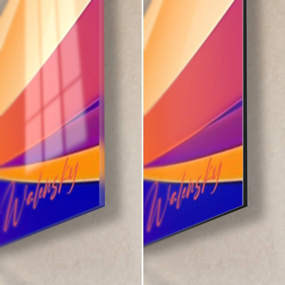 Tableau rōnin stylisé, coin bas droit : verre acrylique brillant et reflets à gauche, Dibond mat à droite, signature rose, tranche 3 mm