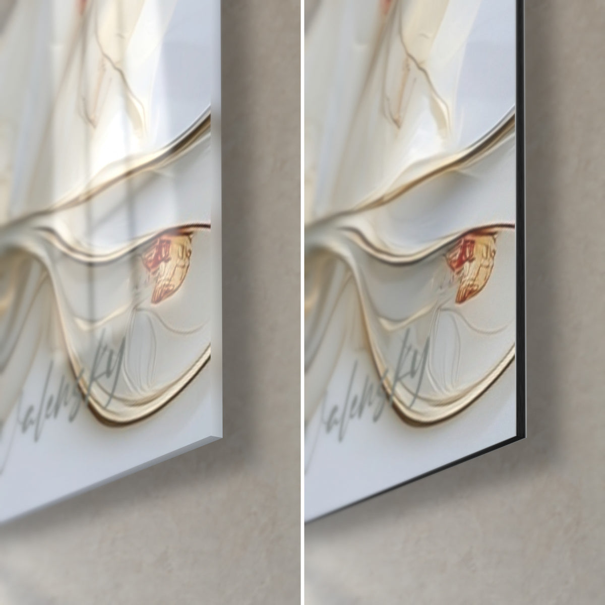 Wall art of a pearly warrior with golden arabesques, bottom right corner: glossy acrylic glass on the left, matte Dibond aluminium on the right