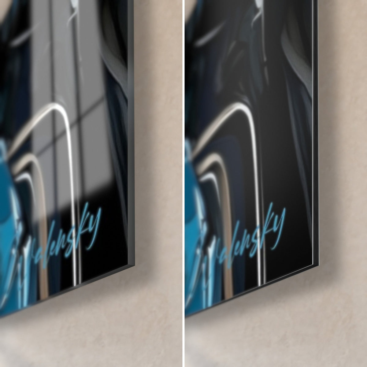 Wall art samurai armor in midnight blue and red, bottom right corner: glossy acrylic glass on the left, matte Dibond on the right