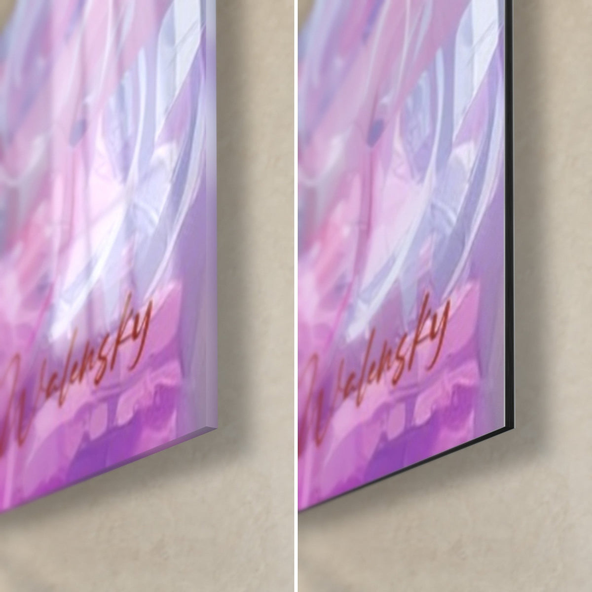Tableau guerrier à casque violet et orange, coin bas droit : verre acrylique brillant à gauche, Dibond noir mat à droite, tranche de 3 mm