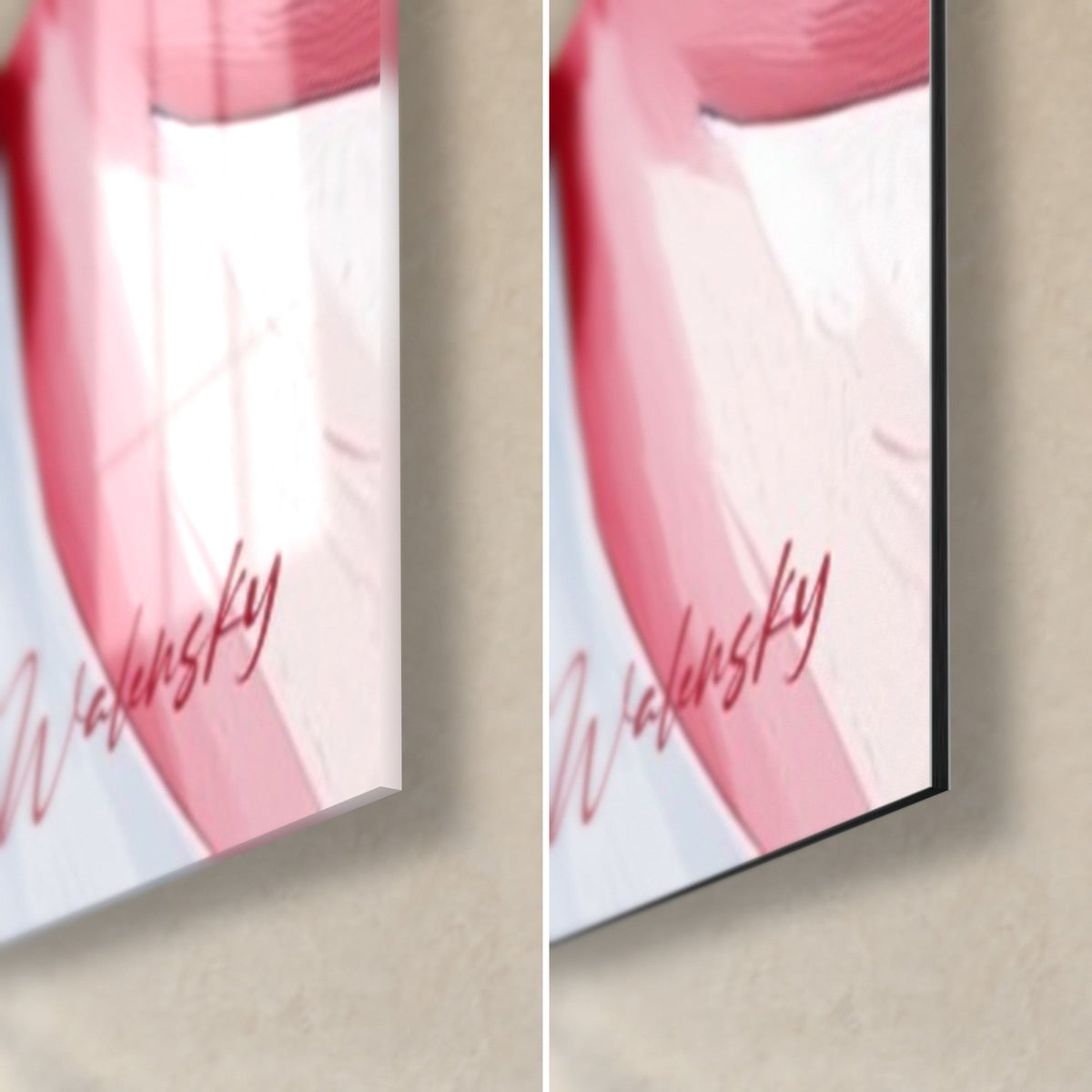 Wall art samurai in pink and white brushstrokes, Walensky cursive signature, glossy glass corner bottom right on the left, matte Dibond aluminium on the right