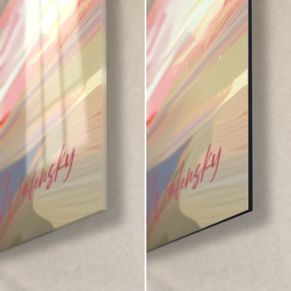 Wall art of a pink kimono with carmine signature bottom right, glossy glass with reflections over matte Dibond, 3 mm edge