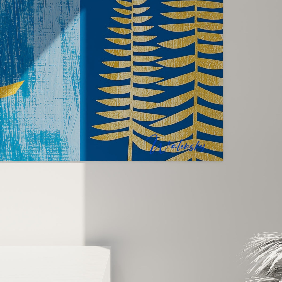 Détail du sabre doré et des empâtements bleu marine sur ce tableau Samouraï à l'accrochage