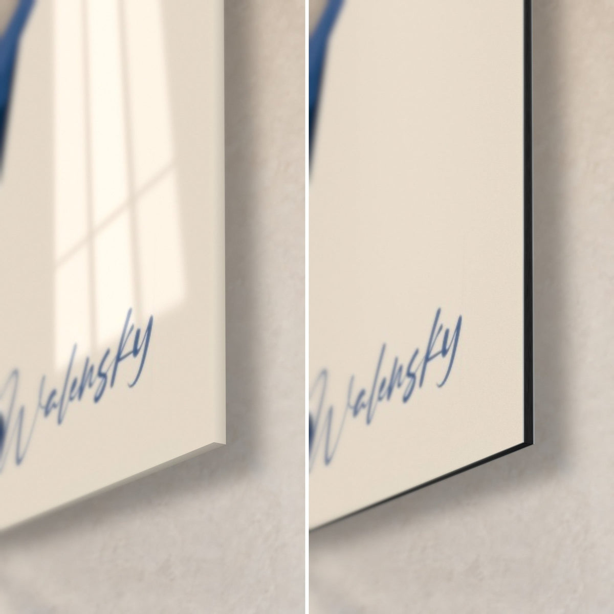Schilderij samoerai in blauw en oranje, rechtsonder: glanzend acrylglas links, mat zwart Dibond-aluminium rechts, Walensky-signatuur