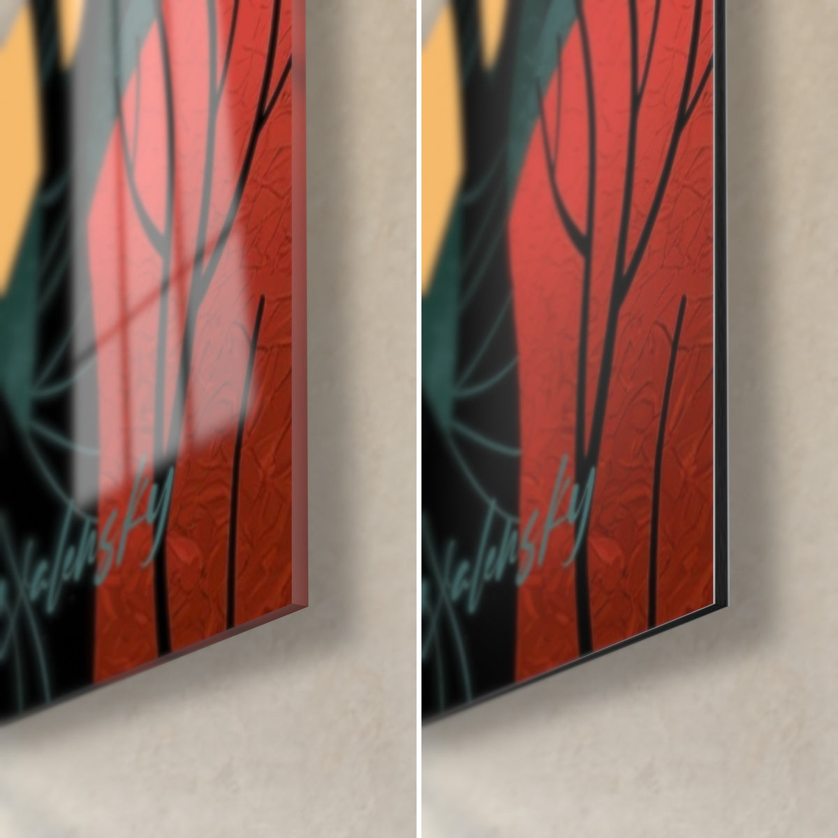 Wall art of a warrior in a red and ochre kimono, black branches and carmine leaves, bottom right corner in glossy glass and matte Dibond