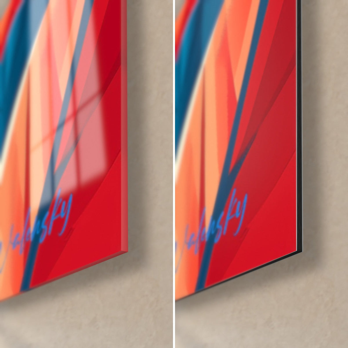 Gemälde Ninja mit spitzem Hut, rote und orangefarbene Ecke unten rechts, glänzendes Acrylglas links, mattes Dibond-Aluminium rechts, 3 mm Stärke