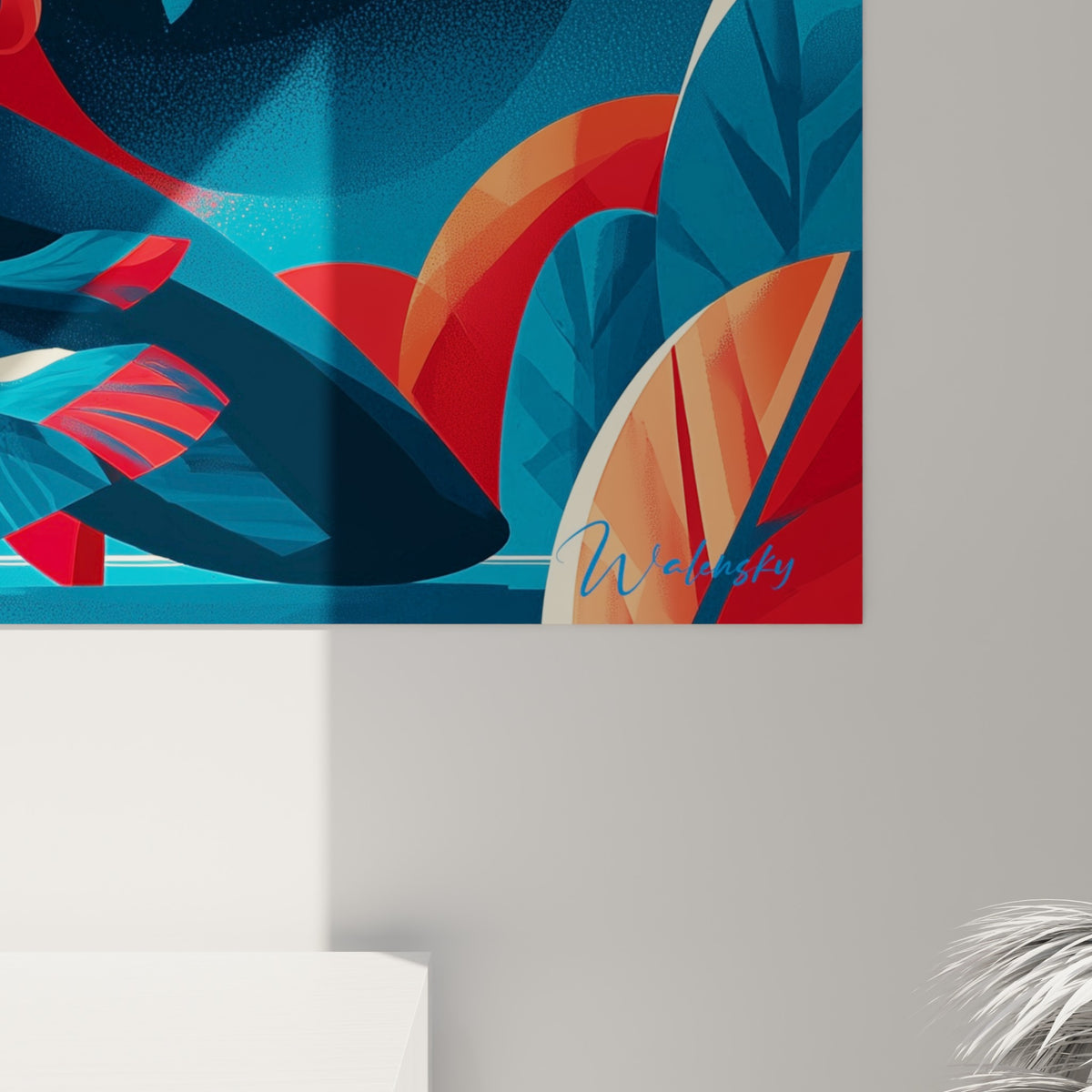 Détail du vêtement bleu et rouge du Samouraï, empâtements graphiques et lame du katana visibles de près