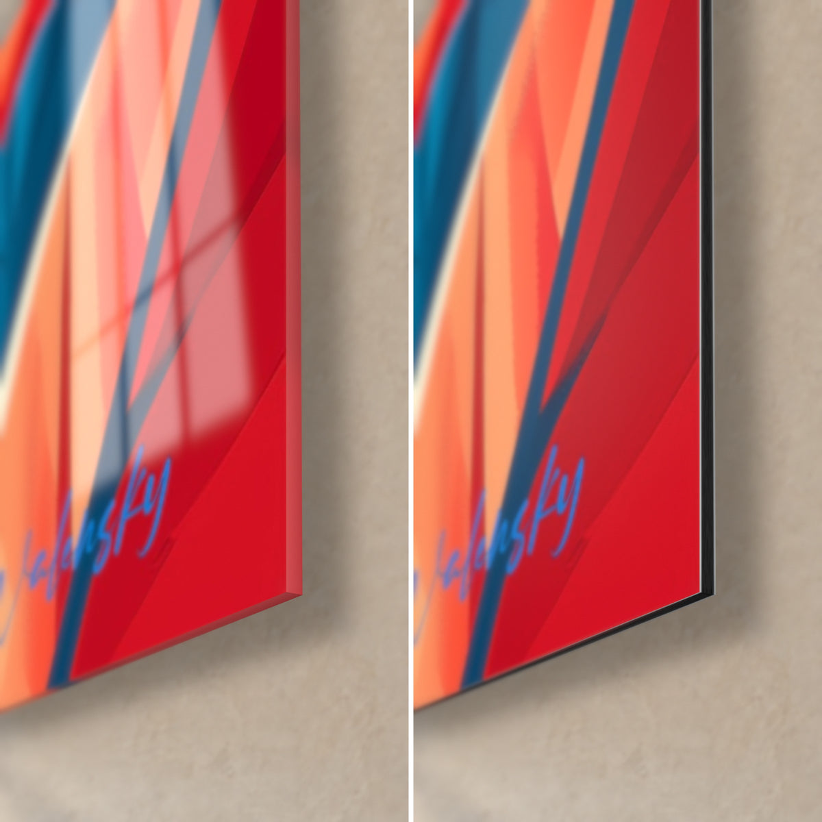 Tableau ninja au chapeau pointu, coin bas droit rouge et orange, verre acrylique brillant à gauche, alu Dibond mat à droite, tranche 3 mm