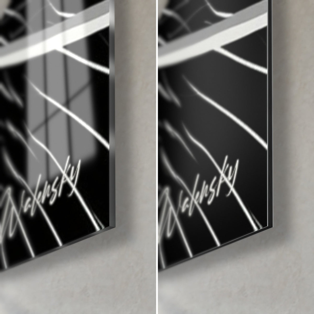 Wall art warrior in a black kimono, bottom right corner, glossy acrylic glass with reflections and matte grey Dibond aluminium, 3 mm black edge