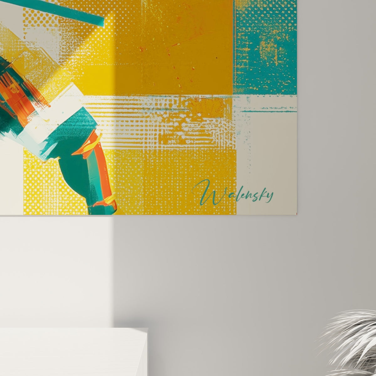 Détail du sabre et de l'armure du Samouraï, texture mate orange et bleu sarcelle, empâtements visibles sur la toile