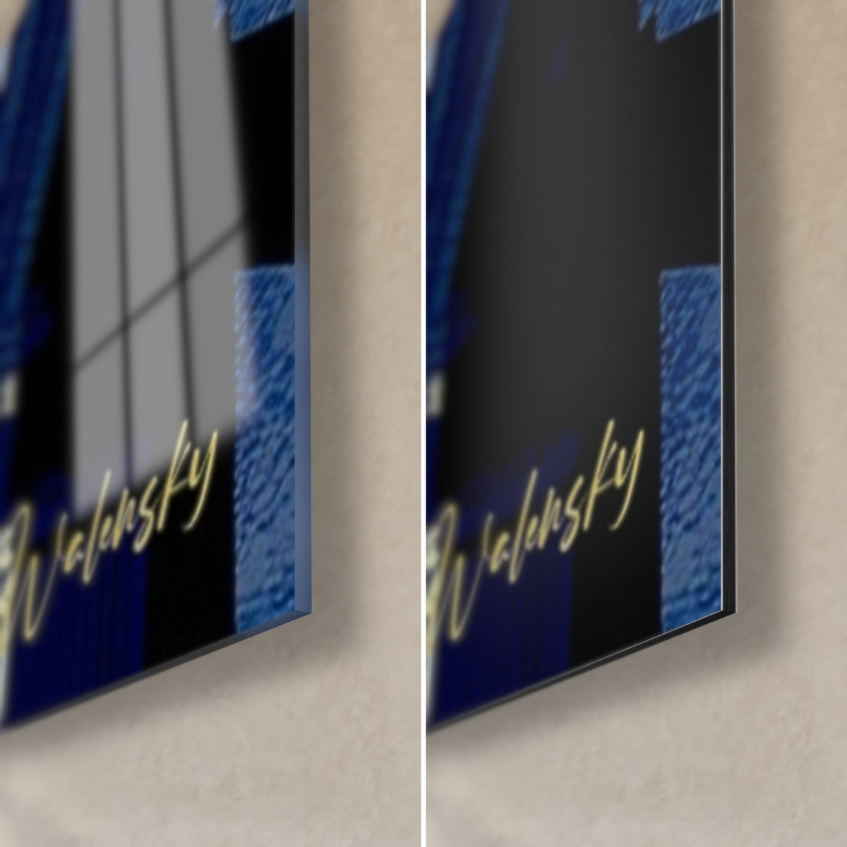 Wall art Japanese warrior in blue and gold, bottom right corner: golden Walensky signature, glossy glass on the left, matte Dibond on the right, 3 mm edge