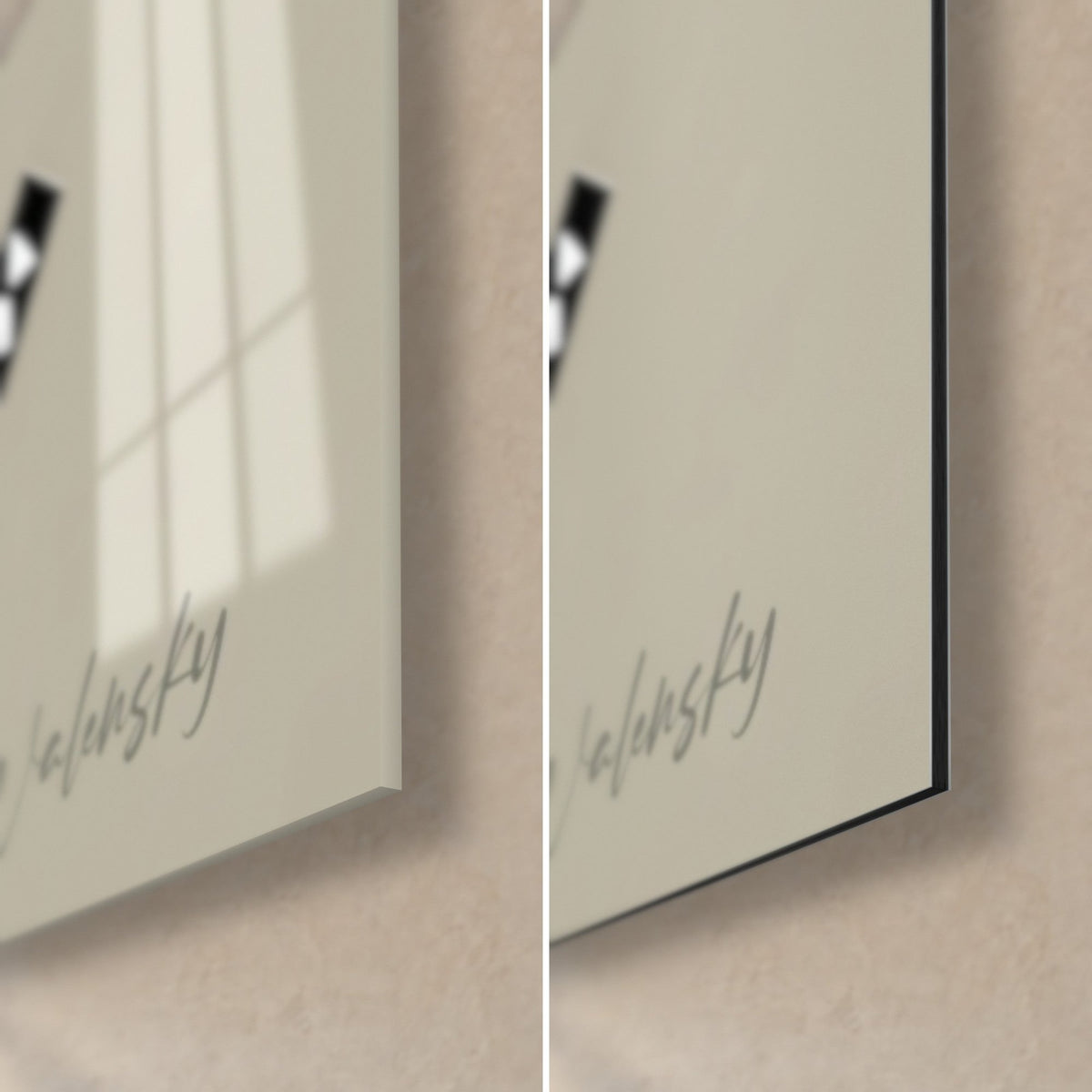 Black and red warrior wall art, bottom right corner: glossy acrylic glass on the left, matte brushed Dibond aluminium on the right, 3 mm edge
