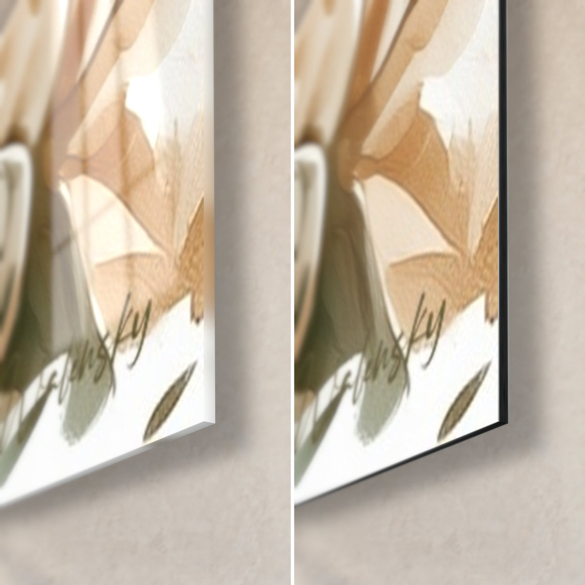Wall art of a rōnin with a bright red scarf, bottom right corner: glossy acrylic glass and matte black Dibond aluminium, 3 mm edge