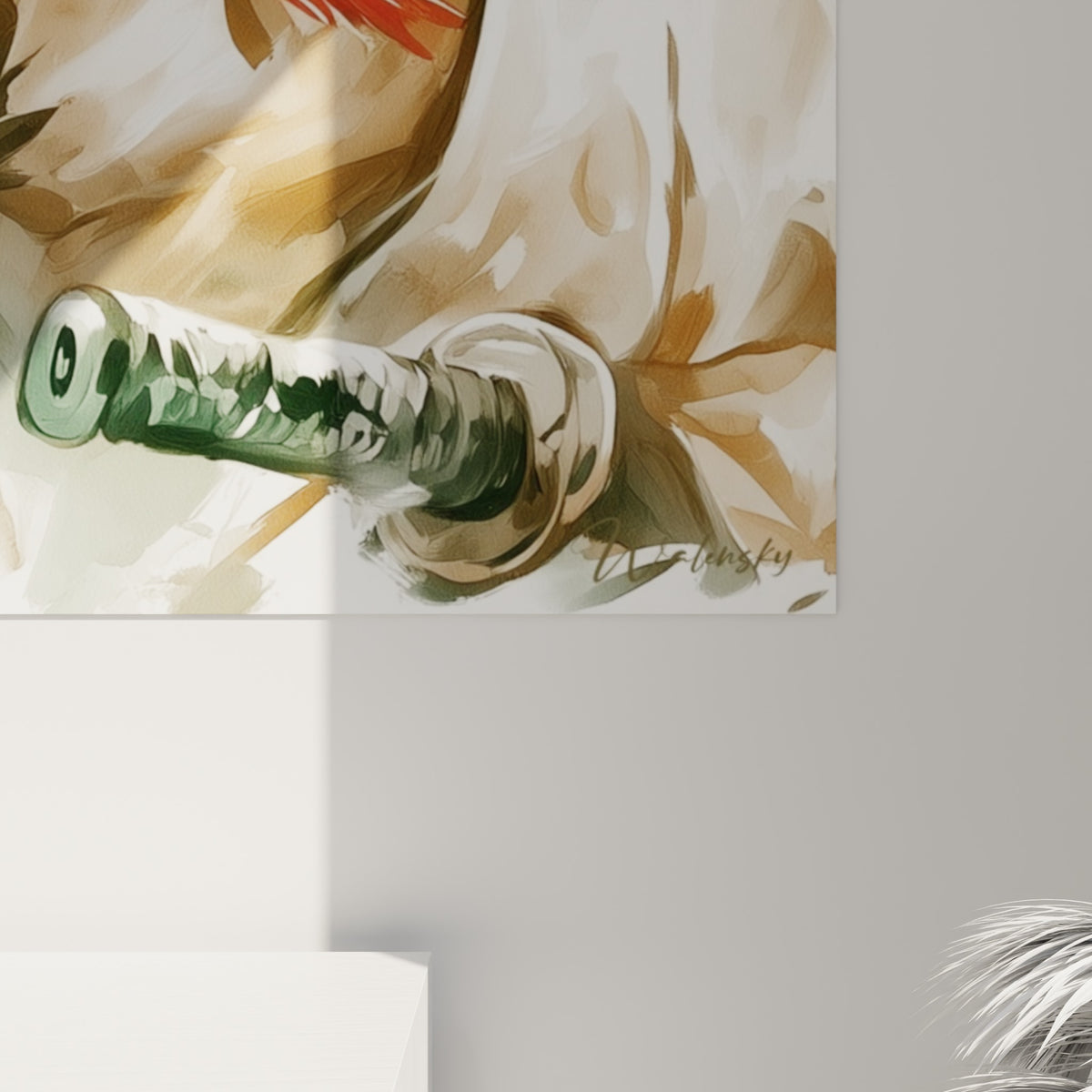 Détail du tableau Samouraï montrant les coulures brunes et le grain de la toile près de l'écharpe rouge