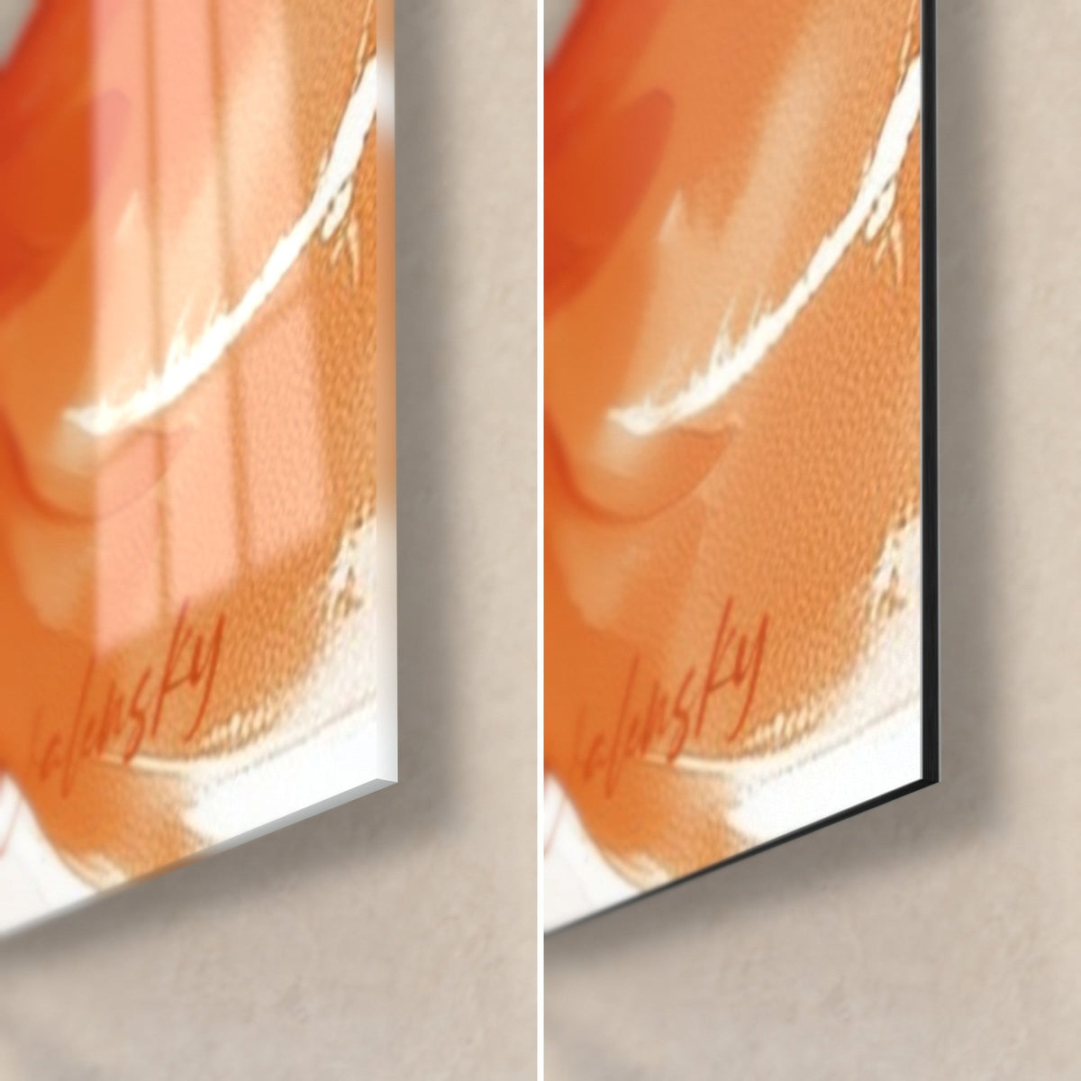 Wall art of a red-orange scarf with white drips, bottom right corner: glossy acrylic glass on the left, matte Dibond on the right