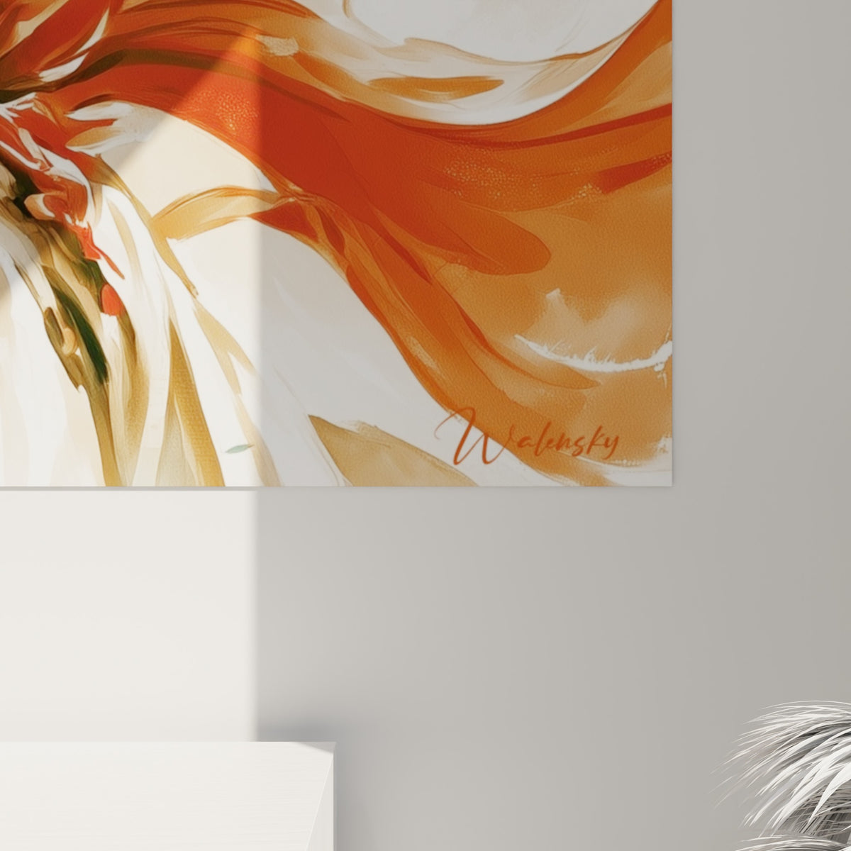 Détail du tissu ondulant rouge et des coulures ocre sur ce tableau samouraï, matière aquarelle visible