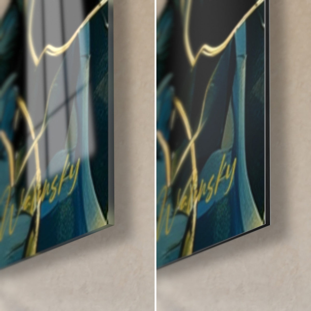 Wall art of a ronin in a yellow and blue floral kimono, bottom right corner: glossy acrylic glass on the left, matte Dibond on the right