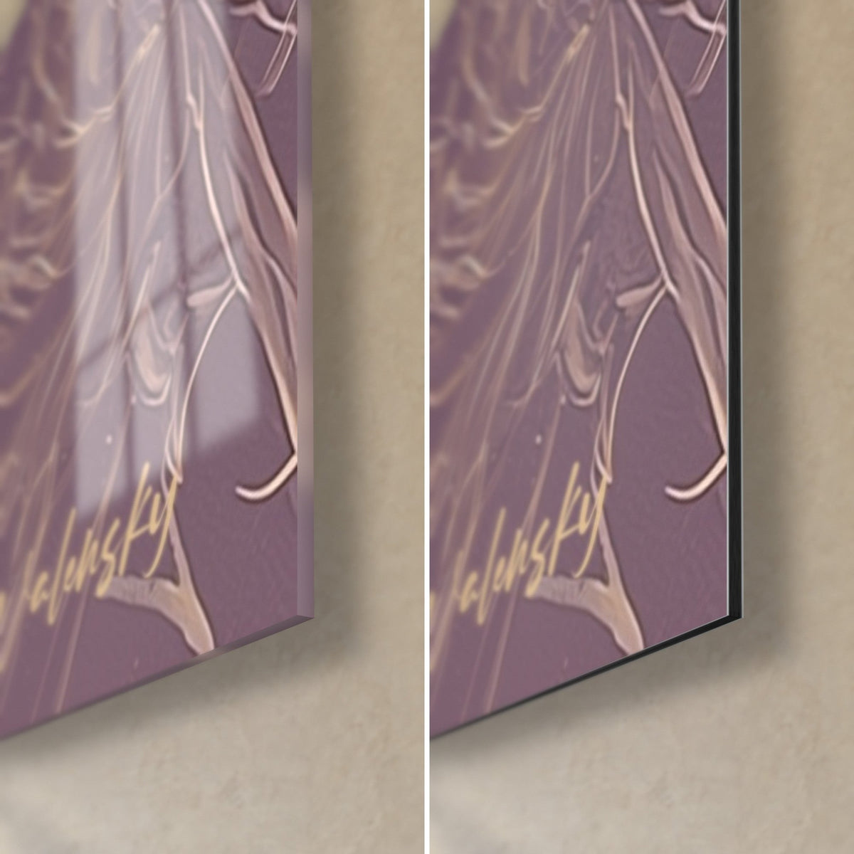 Schilderij van een ninja met katana, rechtsonder: gouden handtekening op mauve achtergrond, glanzend acrylglas en mat zwart aluminium Dibond